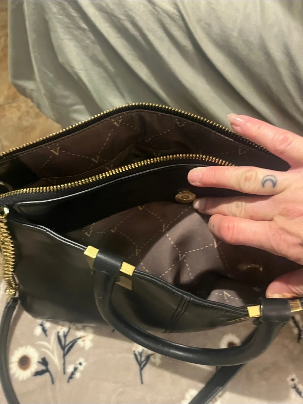 Vince Camuto Black Leather Tote with Gold Hardware for crossbody